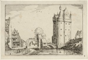 Brama miejska, płyta druga po Obrazach gospodarstw, domów wiejskich i wsi rustykalnych (Praediorum villarum et rusticarum casularum icones) autorstwa Claes Jansz. Visscher II