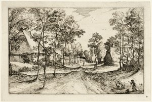 Wiejska droga, płyta czternasta po Obrazach farm, wiejskich domów i rustykalnych wiosek (Praediorum villarum et rusticarum casularum icones) autorstwa Claes Jansz. Visscher II