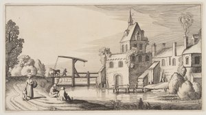 Wioska nad rzeką, z Pejzaże (Playsante Lantschappen) autorstwa Claes Jansz. Visscher II