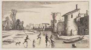 Zimowy krajobraz z łyżwiarzami wzdłuż muru miejskiego, z Landscapes (Playsante Lantschappen) autorstwa Claes Jansz. Visscher II