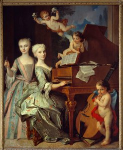 Adelaide de Gueidan i jego siostra przy klawesynie: Adelajda (1725-1786) i jej siostra Katarzyna (1726-1759) są członkami licznej rodziny prowansalskiej. Otaczają ich muzyczne anioły. 1735-1740. Olej na płótnie Claude
