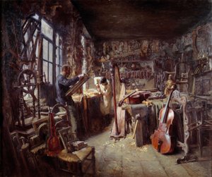 Konserwator w swoim warsztacie pełnym instrumentów. Obraz Claude