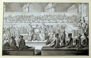 Królowa Francji Maria Antonina przed Trybunałem Rewolucyjnym: dni 14.15,16.10.1793 Prawnikiem, który bronił się w jego sprawie, jest Claude Francois Chauveau-Lagarde (1756-1841). Rysowanie czarnym tuszem Wym. 0,097x0,15m. Paryż, Luwr autorstwa Claude-Francois Chauveau-Lagarde