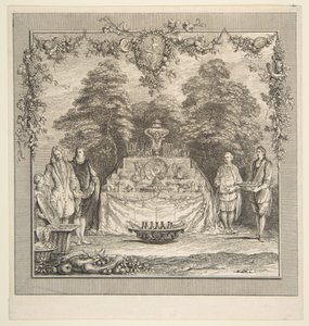 Przekąska przygotowana w ogrodzie. Twórcy: Claude Gillot, Jacques Gabriel Huquier.