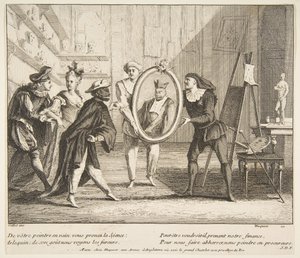Pierrot i Scaramouche pokazują portret Harlequin.n.d. Twórcy: Claude Gillot, Jacques Gabriel Huquier.