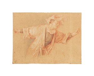 Studium dla Scaramouche z rozpostartymi ramionami, ok. 1707 (czerwona, czarno-biała kreda, na jasnoszarym papierze) autorstwa Claude Gillot