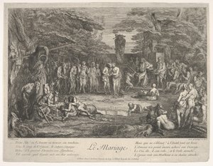 Małżeństwo Le Mariage: w lesie stary satyr żeni się z narzeczoną w stuleciu..., ok. godz. 1700-1720. autorstwa Claude Gillot