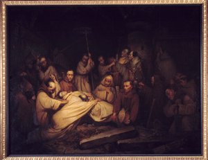 Hrabia przybyszów. Ostatnia scena Pamięci Hrabiego Comminges przedstawiająca Hrabiego Comminges rozpoznającego Adelajdę po jego śmierci. Obraz według powieści Francois de Baculard d