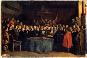 Pokój westfalski, zaprzysiężenie po ratyfikacji pokoju między Hiszpanami a Needlanderami w Ratuszu w Munster 15.05.1648 r. Zakończyli wojnę trzydziestoletnią. Obraz Claudius Jacquand