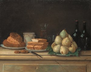 Gruszki i chleb na talerzach, z butelkami wina i kieliszkami na kamiennej półce (olej na płótnie) autorstwa Claude Joseph Fraichot