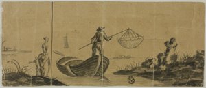 Chinoiserie z mężczyzną łowiącym ryby z łodzi, kobieta i dziecko stojące na brzegu autorstwa Claude Joseph Vernet
