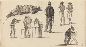 Badania figur, w tym jeden mężczyzna śpiący na ziemi i dwóch mężczyzn piłujących autorstwa Claude Joseph Vernet