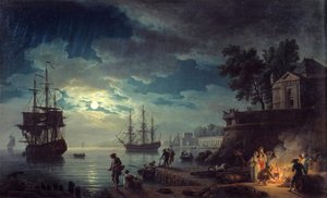 Moonlight połowów Nocny widok na port z mężczyznami co ognisko. Obraz Josepha Verneta autorstwa Claude Joseph Vernet
