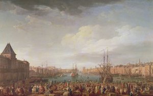Poranny widok na wewnętrzny port w Marsylii i pawilon Horloge du Parc, 1754