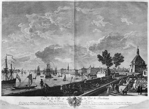 Widok na miasto i port w Bordeaux widziany z Chateau Trompette, cykl „Les Ports de France”, sztychowany przez Charlesa Nicolasa Cochina Młodszego autorstwa Claude Joseph Vernet