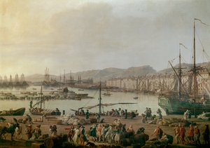 Widok na port w Tulonie Szczegółowo, stary port, widok zaczerpnięty z wybrzeża sklepów. Obraz Josepha Verneta (1714-1789) 1756. Paryż, Musee de la Marine - Widok na port morski w Tulonie. Szczegół. Obraz Josepha Verneta (1714-1789), olej na płótnie