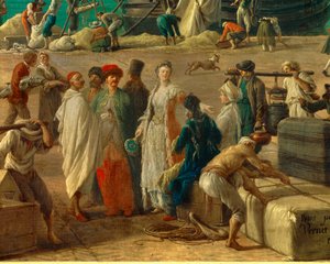 szczegół: Port w Marsylii w XVIII wieku”” Szczegół przedstawiający rozładunek towarów. Obraz Josepha Verneta (1714-1789) XVIII-wieczny Paryż. Muzeum Morskie autorstwa Claude Joseph Vernet