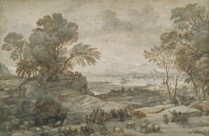 Krajobraz z Chrystusem wygłaszającym Kazanie na Górze (pióro i brązowy tusz z szarym praniem na papierze) autorstwa Claude Lorrain