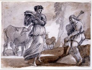 Taniec wiejski (czarno-czerwona kreda i pranie na papierze) autorstwa Claude Lorrain