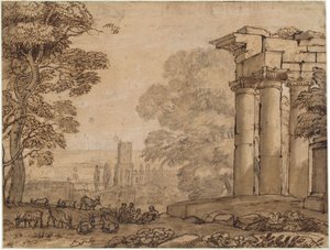 Krajobraz z ruinami, postaciami pasterskimi i drzewami autorstwa Claude Lorrain