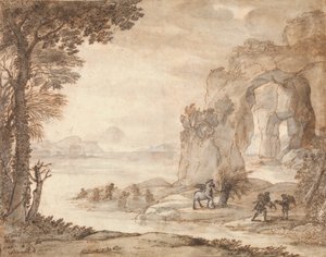 Perseusz i pochodzenie koralowca, ok. 1671 (czarna kreda, sepia i czarny atrament, sepia i szarość przemycia z bielą) autorstwa Claude Lorrain
