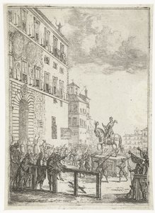 Statua konna cesarza Świętego Cesarstwa Rzymskiego Le Statue equestre du roi des romains Fajerwerki i uroczystości z okazji nowo wybranego cesarza Świętego Cesarstwa Rzymskiego (tytuł serii) autorstwa Claude Lorrain