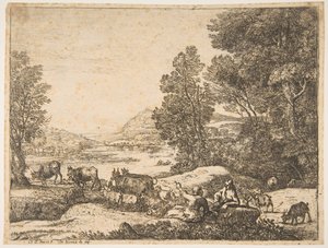 Pasterz i pasterka rozmawiają w krajobrazie, ca. 1651. autorstwa Claude Lorrain