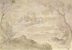 Krajobraz z ufortyfikowanym miastem (tusz i pranie na papierze) autorstwa Claude Lorrain