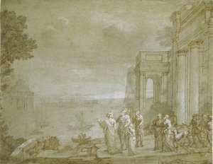 Widok Kartaginy z Dydoną i Eneaszem, 1676 (pióro i atrament z lawowaniem i kredą, podkreślone bielą na papierze) autorstwa Claude Lorrain