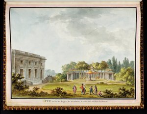 „Vue de Jeu de Bague, de Sa Gallerie i d„une des Façades du Chateau”, z Pałacu i ogrodów królowej w Petit Trianon: Wspaniały album oryginalnych rysunków i planów na zlecenie Marie-Antoinette, autorstwa architekta Richard Mic
