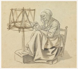 Rysunek, Stara kobieta przędząca, 1810-30 autorstwa Claude Louis Desrais