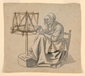 Rysunek, Stara kobieta przędząca, 1810-30 autorstwa Claude Louis Desrais