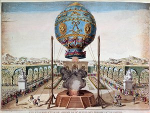 Doświadczenie braci Montgolfiere 19 października 1783 r. w ogrodzie Monsieur Reveillon, faubourg Saint Antoine w Paryżu. Grawerowanie przez Desrais Claude Louis Desrais (1746-1816)