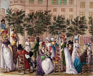 Moda pod zarządem: „Le petit Coblenz”, deptak Boulevard des Italians w Paryżu. Litografia Claude Louis Desrais (1746-1816) 1798. Paryż, Musee Carnavalet autorstwa Claude Louis Desrais