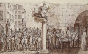 Wdowa Morin i jej córka Angelique Delaporte w Conciergerie i ukarane publicznym kajdanami za zbrodnię wymuszenia z użyciem przemocy podpisów, 1812 (pióro, atrament i pranie na papierze autorstwa Claude Louis Desrais