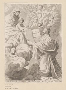 Armand-Jean du Plessis Książę Richelieu przedstawia książkę Maryi z Dzieciątkiem Strona tytułowa dla: Armand-Jean du Plessis książę Richelieu, Traité de la perfection du chrétien autorstwa Claude Mellan