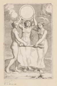 Trzy Gracje z medalionem Strona tytułowa dla: Balthazar de Vias, Charitum libri tres, 1660 autorstwa Claude Mellan