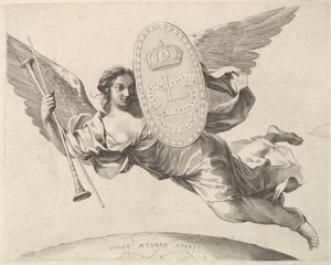 Sława nosząca tarczę z inicjałem Ludwika XIV La Renommée volant. autorstwa Claude Mellan