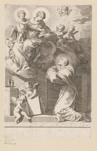 H. Bernard klęczący przed objawieniem Matki Boskiej z Dzieciątkiem Strona tytułowa dla: Św. Bernard, Divi Bernardi Abbatis (...), 1640 autorstwa Claude Mellan