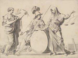 Minerwa otoczona przez Peace and Justice Arms of Gallard and Mesmes. autorstwa Claude Mellan