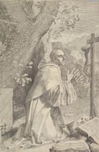 Św. Bernard klęczący przed krucyfiksem, ca. 1655. autorstwa Claude Mellan