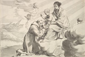 Św. Franciszek z Asyżu adorujący Dzieciątko Jezus na kolanach Dziewic.
