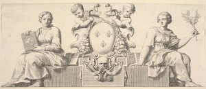 Herb Francji w towarzystwie personifikacji prawa i dobrej wiary, 1664. autorstwa Claude Mellan