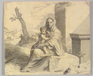 Dziewica z dzieckiem siedzącym na skale Dziewica z dzieckiem w ruinach, 1659. autorstwa Claude Mellan