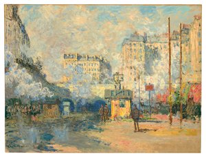 Zewnętrzna część stacji Saint-Lazare, efekt światła słonecznego, 1877 autorstwa Claude Monet