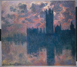 Domy Parlamentu, zachód słońca, 1902 autorstwa Claude Monet