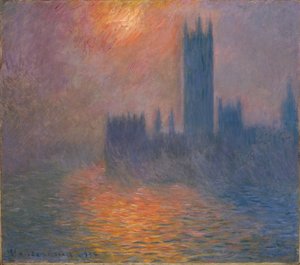 Domy Parlamentu, zachód słońca autorstwa Claude Monet