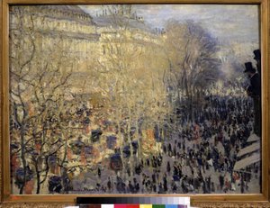 ""Le boulevard des Capucines"" Tłum przechodniów i ruch uliczny w paryskiej dzielnicy Opera. Obraz Claude