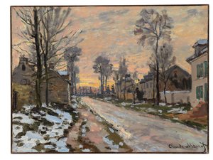 Droga do Louveciennes, topniejący śnieg, zachodzące słońce, ok. 1869-70 autorstwa Claude Monet