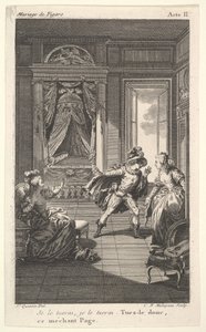 Mężczyzna pochyla się w kierunku kobiety stojącej w drzwiach po prawej, po lewej siedząca kobieta podnosi..., ok. godz. 1784.